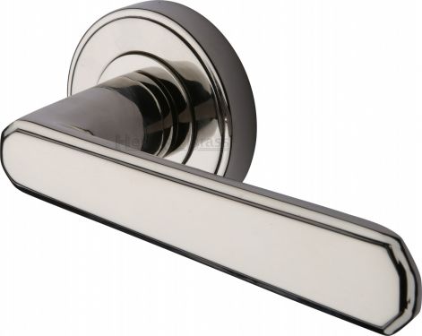 Click Here To Enlarge This Photo Of CEN1924-PNF Heritage Brass Door Handle Lever Latch on Round Rose Century Design Polished Nickel Finish