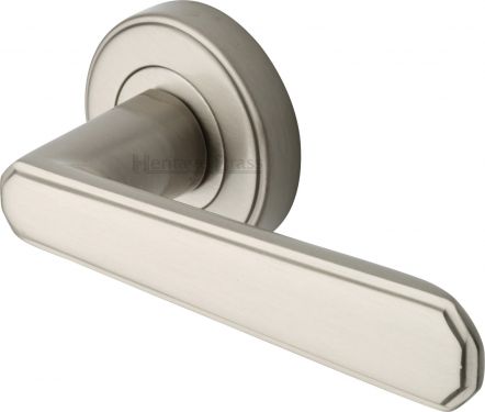 Click Here To Enlarge This Photo Of CEN1924-SN Heritage Brass Door Handle Lever Latch on Round Rose Century Design Satin Nickel Finish