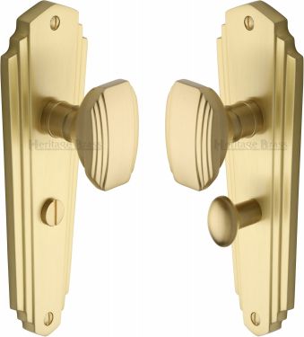 Click Here To Enlarge This Photo Of CHA1930-SB Heritage Brass Mortice Knob on Bathroom Plate Charlston Design Satin Brass Finish