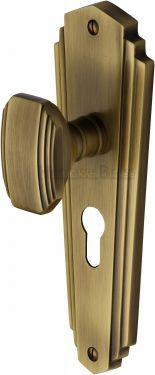 Click Here To Enlarge This Photo Of CHA1948-AT Heritage Brass Mortice Knob on Euro Profile Plate Charlston Design Antique Brass Finish