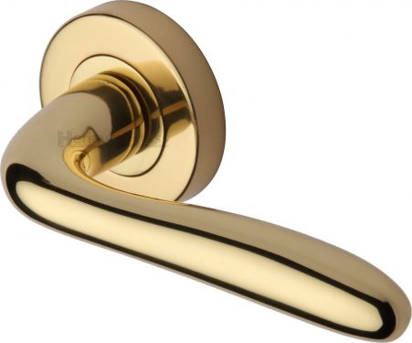 Click Here To Enlarge This Photo Of COL1762-PB Heritage Brass Door Handle Lever Latch on Round Rose Columbus Design Polished Brass Finish