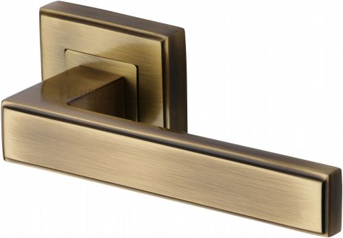 Click Here To Enlarge This Photo Of DEC5430-AT Heritage Brass Door Handle Lever Latch on Square Rose Linear Sq Design Antique Brass Finish