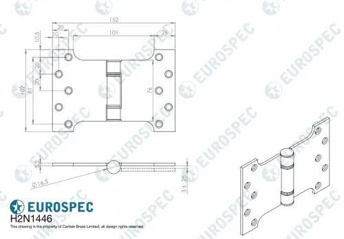 Click Here To Enlarge This Photo Of H2N1446SSS - Carlisle Brass Eurospec 102mm x 152 x 3&period;5mm Parliament Hinges c&sol;w Screws Satin Stainless Steel