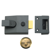 9026 - YALE 89 Deadlocking Nightlatch 60mm Dull Metal Grey c&sol;w Polished Brass cylinder