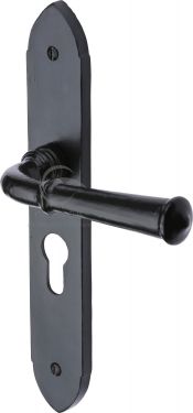Click Here To Enlarge This Photo Of FB4748 M&period;Marcus Black Iron Rustic Door Handle Euro Profile Plate Hadley Design