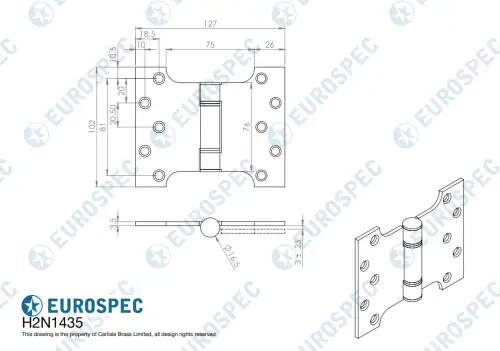 Click Here To Enlarge This Photo Of H2N1435SSS - Carlisle Brass Eurospec 102mm x 127mm x 3mm Parliament Hinges c&sol;w Screws Satin Stainless Steel