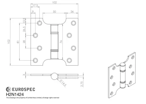 Click Here To Enlarge This Photo Of H2N1424PVD - Carlisle Brass Eurospec 102mm x 102mm x 3mm Parliament Hinges c&sol;w Screws PVD Stainless Brass