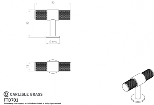 Click Here To Enlarge This Photo Of FTD701MB - Carlisle Brass Fingertip Design Knurled T-Bar Knob 50mm Matt Black