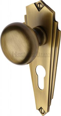 Click Here To Enlarge This Photo Of BR1848-AT Heritage Brass Mortice Knob on Euro Profile Plate Broadway Design Antique Brass Finish