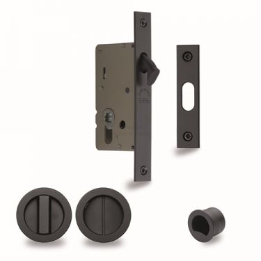 Click Here To Enlarge This Photo Of RD2308-40-BLK Heritage Brass Sliding Door Lock c&sol;w Round Privacy Turns Matt Black &lpar;40mm Backset&rpar;