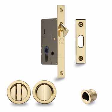 Click Here To Enlarge This Photo Of RD2308-40-PB Heritage Brass Sliding Door Lock c&sol;w Round Privacy Turns Polished Brass &lpar;40mm Backset&rpar;