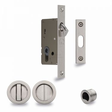 Click Here To Enlarge This Photo Of RD2308-40-SN Heritage Brass Sliding Door Lock c&sol;w Round Privacy Turns Satin Nickel &lpar;40mm Backset&rpar;