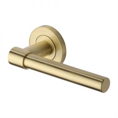Click Here To Enlarge This Photo Of RS2017-SB Heritage Brass Door Handle Lever on Rose Phoenix Design Satin Brass Finish