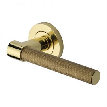Click Here To Enlarge This Photo Of RS2018-PB Heritage Brass Door Handle Lever on Rose Phoenix Knurled Design Polished Brass Finish