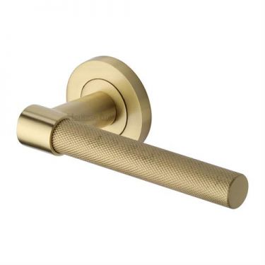 Click Here To Enlarge This Photo Of RS2018-SB Heritage Brass Door Handle Lever on Rose Phoenix Knurled Design Satin Brass Finish