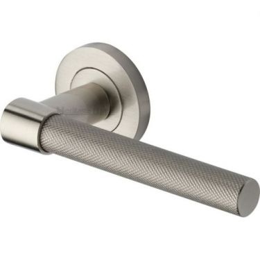Click Here To Enlarge This Photo Of RS2018-SN Heritage Brass Door Handle Lever on Rose Phoenix Knurled Design Satin Nickel Finish