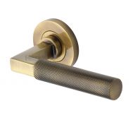 RS2260-AT Heritage Brass Door Handle Lever on Rose Signac &lpar;Knurled Bauhaus&rpar; Design Antique Brass Finish