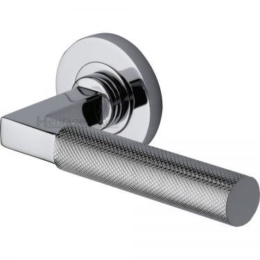 Click Here To Enlarge This Photo Of RS2260-PC Heritage Brass Door Handle Lever on Rose Signac &lpar;Knurled Bauhaus&rpar; Design Polished Chrome Finish