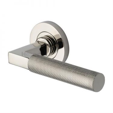 Click Here To Enlarge This Photo Of RS2260-PNF Heritage Brass Door Handle Lever on Rose Signac &lpar;Knurled Bauhaus&rpar; Design Polished Nickel Finish