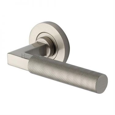 Click Here To Enlarge This Photo Of RS2260-SN Heritage Brass Door Handle Lever on Rose Signac &lpar;Knurled Bauhaus&rpar; Design Satin Nickel Finish