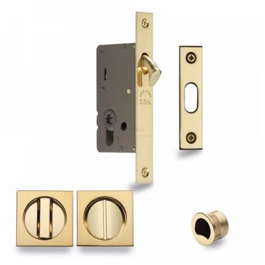 Click Here To Enlarge This Photo Of SQ2308-40-PB Heritage Brass Sliding Door Lock c&sol;w Square Privacy Turns Polished Brass &lpar;40mm Backset&rpar;