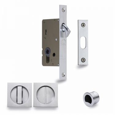Click Here To Enlarge This Photo Of SQ2308-40-SC Heritage Brass Sliding Door Lock c&sol;w Square Privacy Turns Satin Chrome &lpar;40mm Backset&rpar;