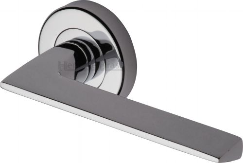 Click Here To Enlarge This Photo Of PYD3535-PC Heritage Brass Door Handle Lever Latch on Round Rose Pyramid Design Polished Chrome Finish
