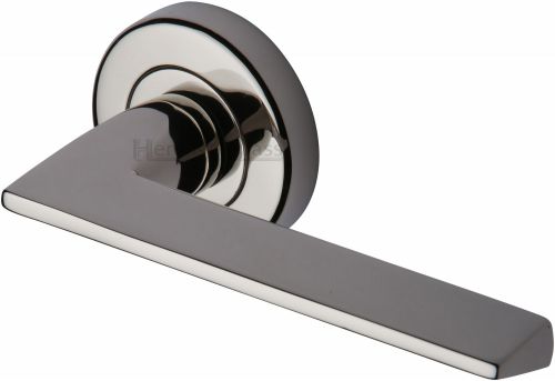 Click Here To Enlarge This Photo Of PYD3535-PNF Heritage Brass Door Handle Lever Latch on Round Rose Pyramid Design Polished Nickel Finish
