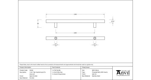 Click Here To Enlarge This Photo Of 50230 From The Anvil Satin SS &lpar;316&rpar; 1200mm T Bar Handle Secret Fix 32mm dia&period;