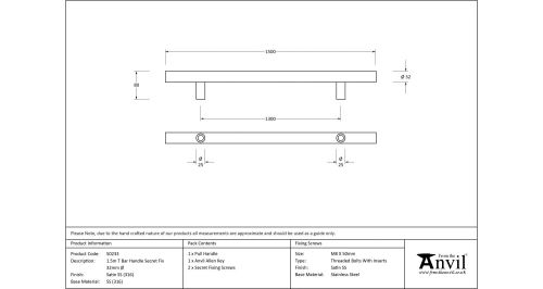 Click Here To Enlarge This Photo Of 50233 From The Anvil Satin SS &lpar;316&rpar; 1500mm T Bar Handle Secret Fix 32mm dia&period;