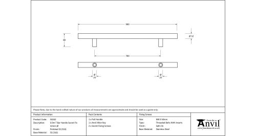 Click Here To Enlarge This Photo Of 50242 From The Anvil Polished SS &lpar;316&rpar; 900mm T Bar Handle Secret Fix 32mm dia&period;