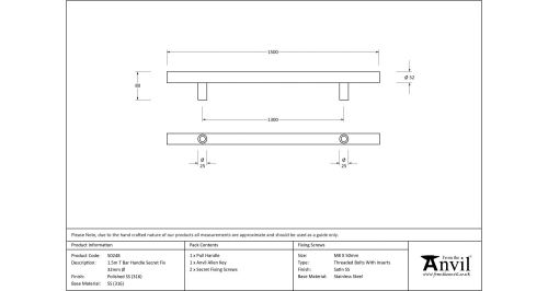 Click Here To Enlarge This Photo Of 50248 From The Anvil Polished SS &lpar;316&rpar; 1500mm T Bar Handle Secret Fix 32mm dia&period;