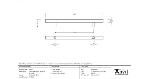 Click Here To Enlarge This Photo Of 50251 From The Anvil Polished SS &lpar;316&rpar; 1800mm T Bar Handle Secret Fix 32mm dia&period;