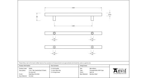 Click Here To Enlarge This Photo Of 50265 From The Anvil Matt Black SS &lpar;316&rpar; 1500mm T Bar Handle B2B Fix 32mm dia&period;