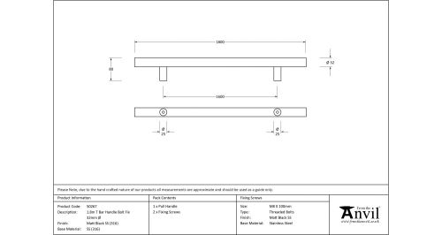Click Here To Enlarge This Photo Of 50267 From The Anvil Matt Black SS &lpar;316&rpar; 1800mm T Bar Handle Bolt Fix 32mm dia&period;