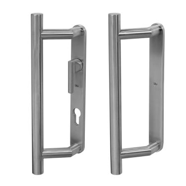 Click Here To Enlarge This Photo Of BLU Performance Patio Door Handle&comma; Back to back handles&comma; Euro cut-out internal backplate & lever&comma; Blank external backplate&comma; 316 Satin Stainless Steel &lpar;KM950B-SSS&rpar;