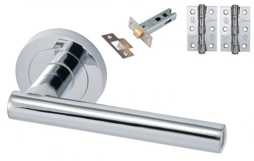 Click Here To Enlarge This Photo Of Eclipse 24623 'Corvette' Polished Chrome Round Rose Lever Pack c&sol;w Grade 7 Ball Bearing Hinges & Tubular Mortice Latch