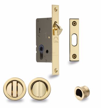 Click Here To Enlarge This Photo Of RD2308-50-PB Heritage Brass Sliding Door Lock c&sol;w Round Privacy Turns Polished Brass &lpar;50mm backset&rpar;