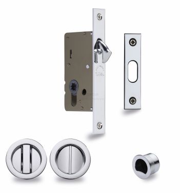 Click Here To Enlarge This Photo Of RD2308-50-PC Heritage Brass Sliding Door Lock c&sol;w Round Privacy Turns Polished Chrome &lpar;50mm backset&rpar;
