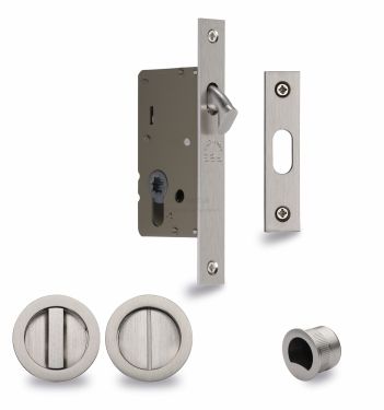Click Here To Enlarge This Photo Of RD2308-50-SN Heritage Brass Sliding Door Lock c&sol;w Round Privacy Turns Satin Nickel &lpar;50mm backset&rpar;