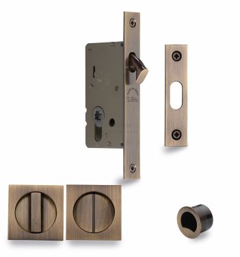 Click Here To Enlarge This Photo Of SQ2308-50-AT Heritage Brass Sliding Door Lock c&sol;w Square Privacy Turns Antique Brass &lpar;50mm backset&rpar;