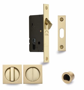 Click Here To Enlarge This Photo Of SQ2308-50-SB Heritage Brass Sliding Door Lock c&sol;w Square Privacy Turns Satin Brass &lpar;50mm backset&rpar;