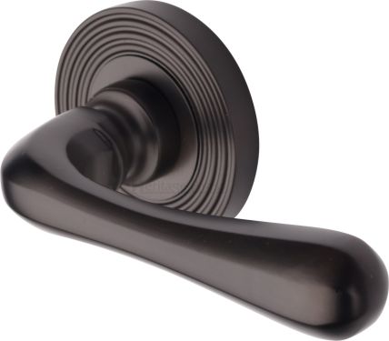 Click Here To Enlarge This Photo Of RR3022-MB Heritage Brass Door Handle Lever Latch on Round Rose Charlbury Reeded Design Matt Bronze finish