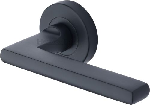 Click Here To Enlarge This Photo Of TRI1352-BKMT Heritage Brass Door Handle Lever Latch on Round Rose Trident Design Matt Black Finish
