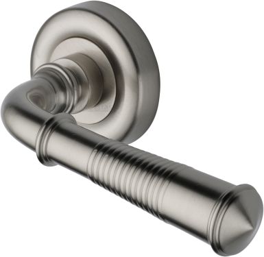 Click Here To Enlarge This Photo Of V1936-SN Heritage Brass Door Handle Lever Latch on Round Rose Colonial Reeded Design Satin Nickel finish