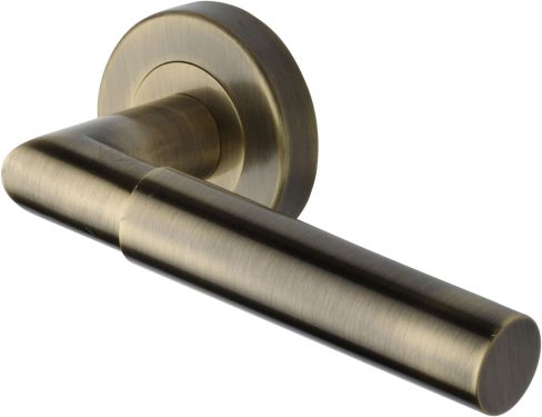 Click Here To Enlarge This Photo Of V2270-AT Heritage Brass Door Handle Lever Latch on Round Rose Bauhaus Mitre Design Antique Brass finish