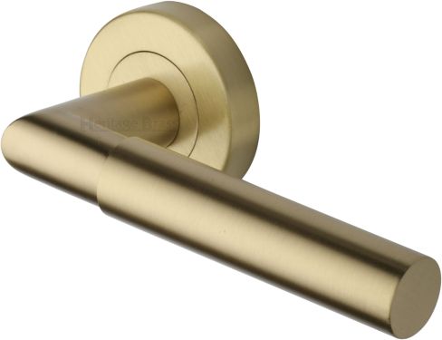 Click Here To Enlarge This Photo Of V2270-SB Heritage Brass Door Handle Lever Latch on Round Rose Bauhaus Mitre Design Satin Brass finish
