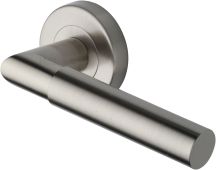 V2270-SN Heritage Brass Door Handle Lever Latch on Round Rose Bauhaus Mitre Design Satin Nickel finish