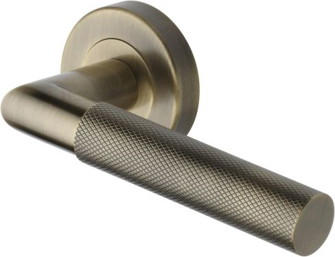 Click Here To Enlarge This Photo Of V2272-AT Heritage Brass Door Handle Lever Latch on Round Rose Bauhaus Mitre Knurled Design Antique Brass finish