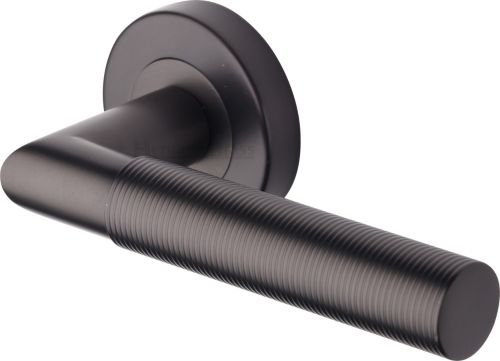 Click Here To Enlarge This Photo Of V2274-MB Heritage Brass Door Handle Lever Latch on Round Rose Bauhaus Mitre Reeded Design Matt Bronze finish